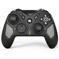 Black wireless game controller with leather-pattern texture on grips, shown front view.