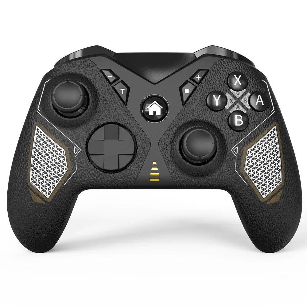 Black wireless game controller with leather-pattern texture on grips, shown front view.