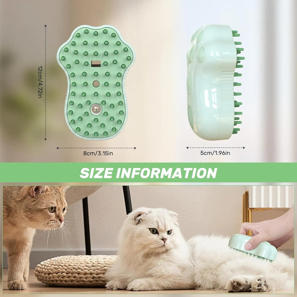 Blue 4-in-1 self-cleaning cat steam brush with silicone bristles and rechargeable spray bottle