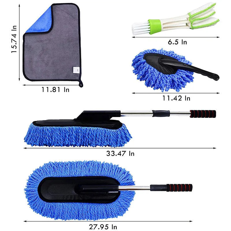 Car dust collector with retractable handle and 5-piece microfibre dusting brush set for vehicle interior cleaning