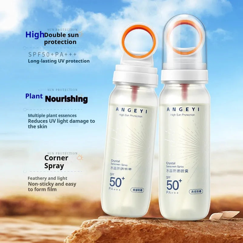 SPF50 crystal sunscreen spray bottle with 90ml content for full body UV protection