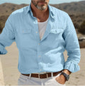 Men's loose fit cotton linen long-sleeved summer shirt in solid green, sky blue, khaki, or white
