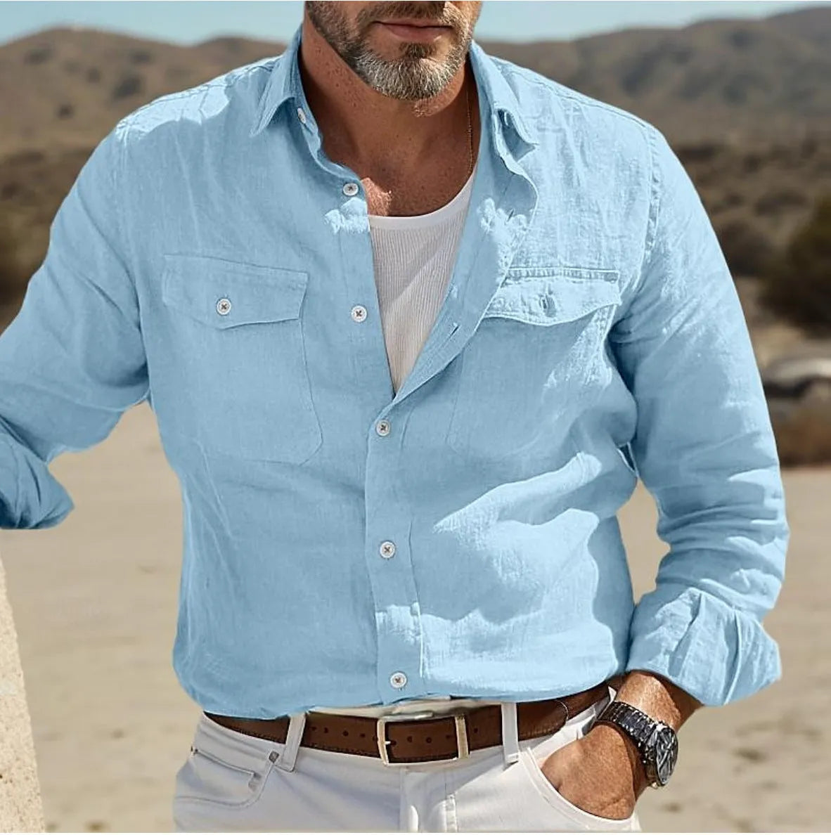 Men's loose fit cotton linen long-sleeved summer shirt in solid green, sky blue, khaki, or white