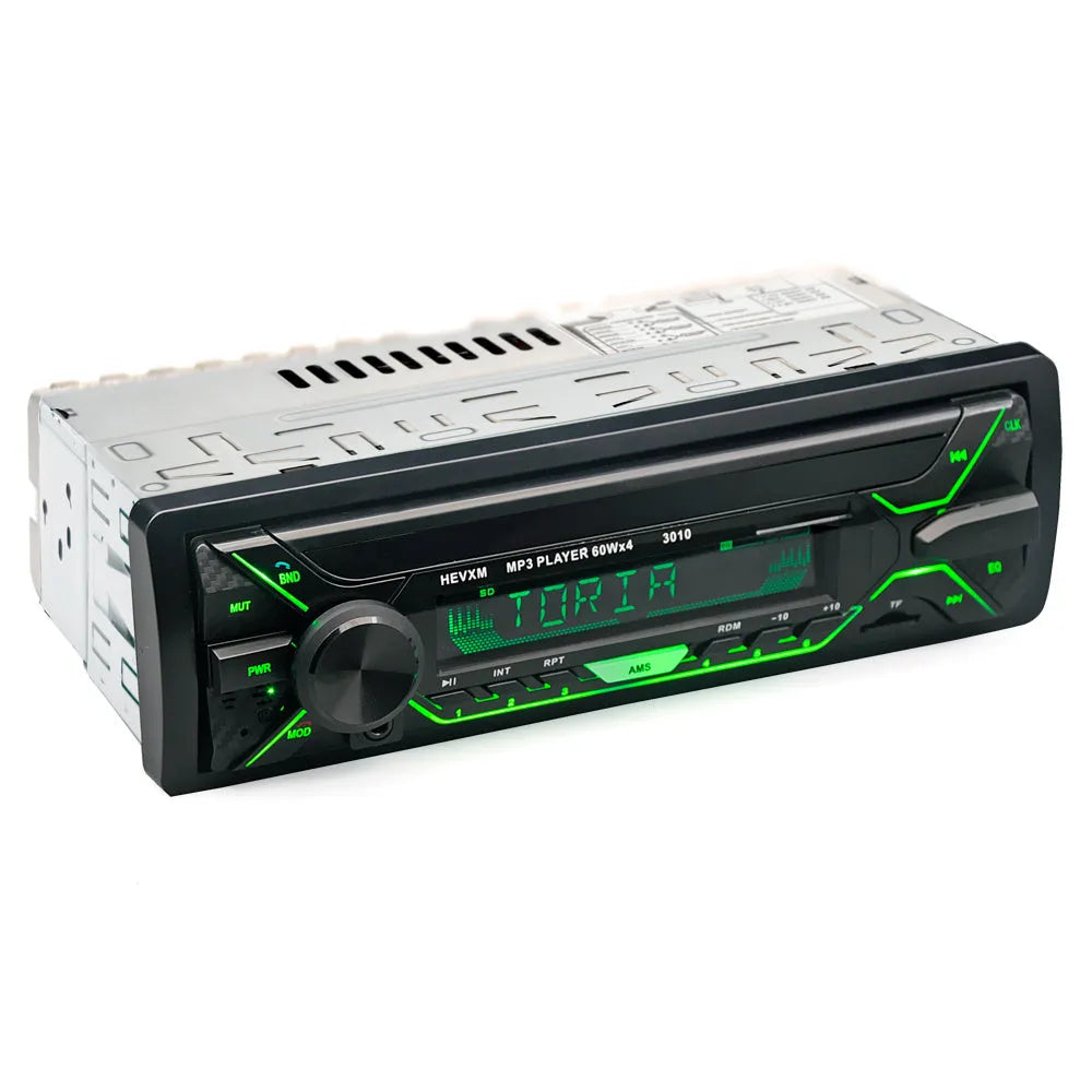 Single DIN car stereo with LCD display, USB port, and control buttons for Bluetooth and MP3 playback.