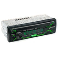 Single DIN car stereo with LCD display, USB port, and control buttons for Bluetooth and MP3 playback.