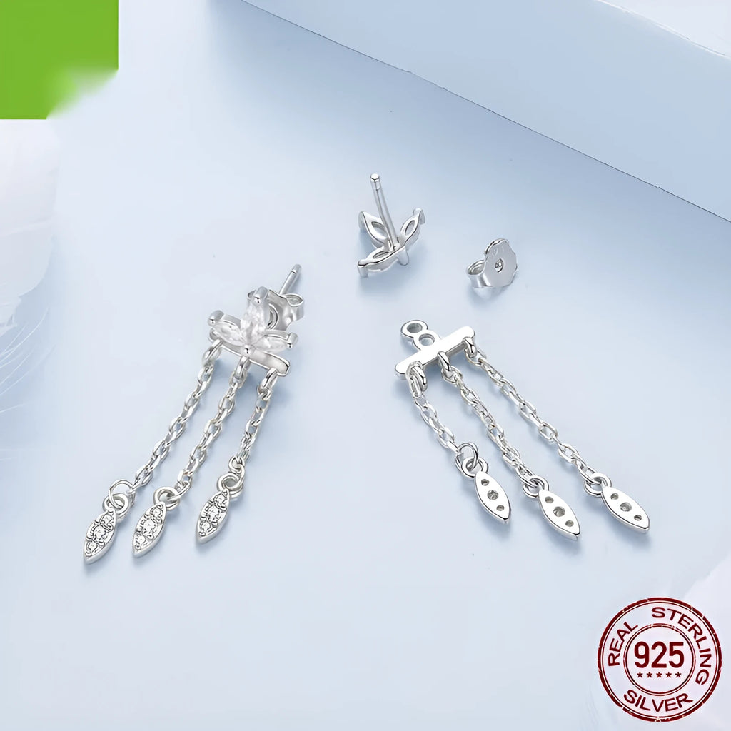 Pair of silver ear studs with small flower and tassel front and rear structure, BSE1240 colour, on light background