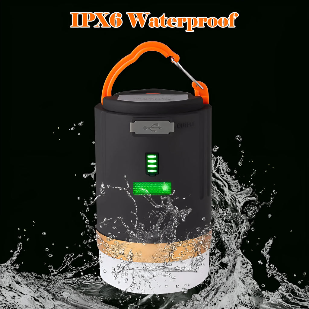 Black rechargeable LED camping light with remote control, hanging hook, and magnet, IPX6 waterproof