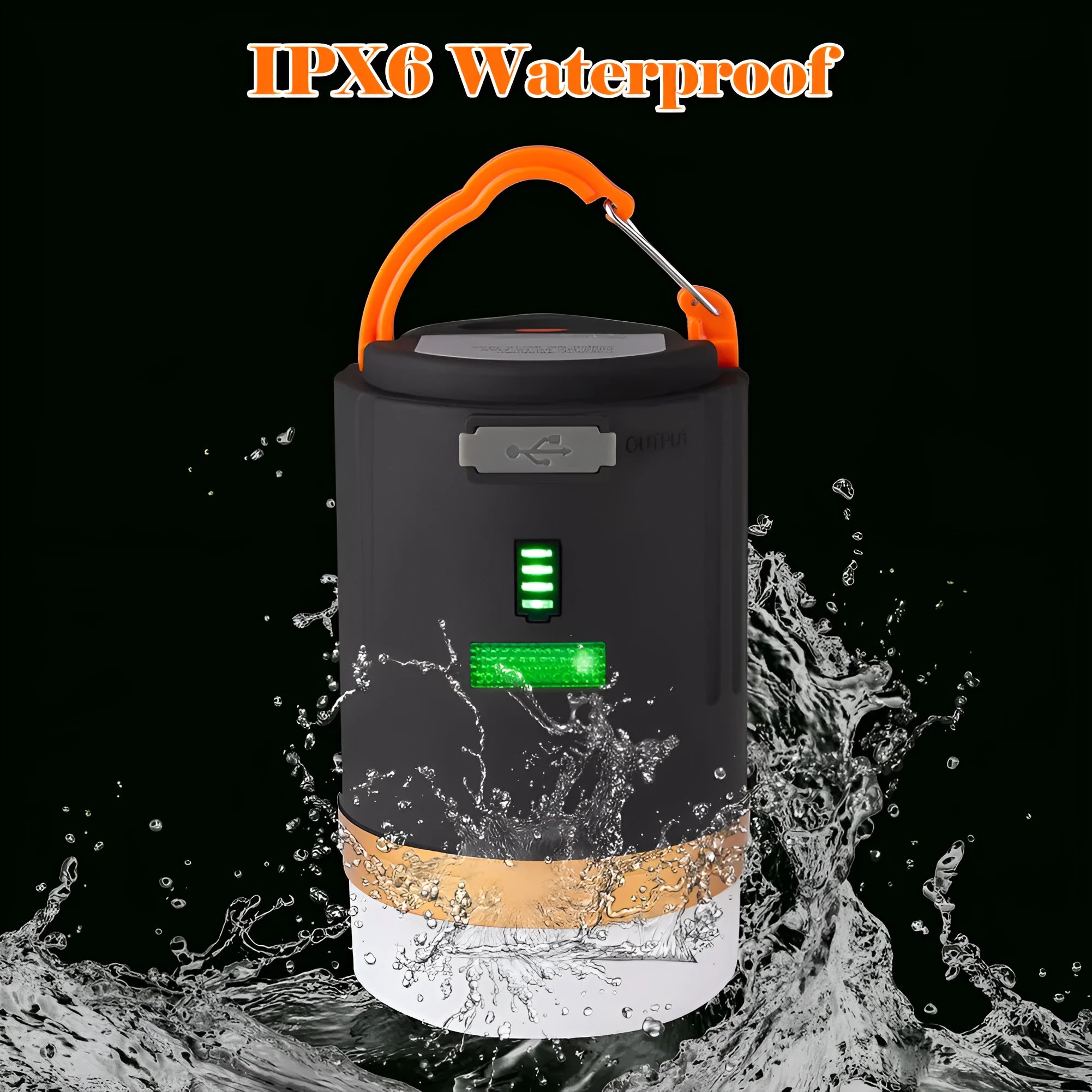 Black rechargeable LED camping light with remote control, hanging hook, and magnet, IPX6 waterproof