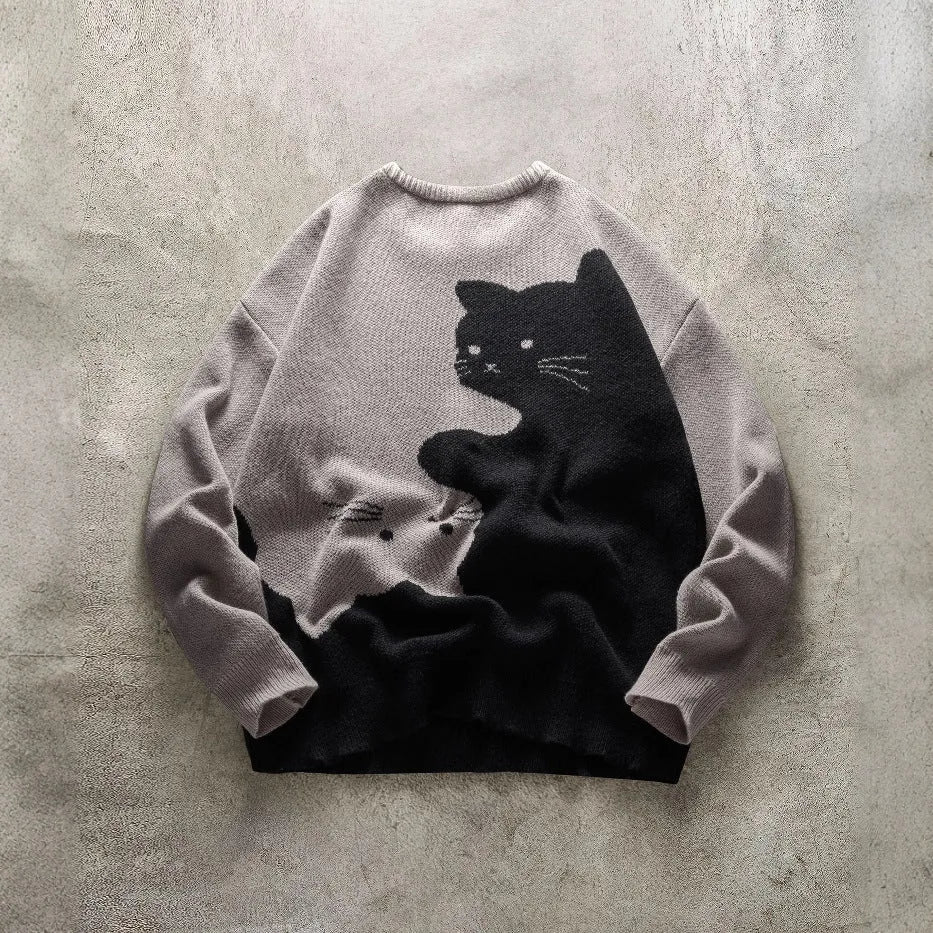 Men's cat pattern round neck knitted sweater in black, pullover style with jacquard design