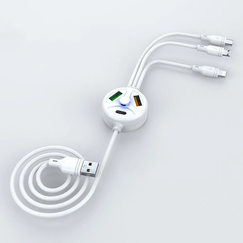 PDPVC 3-in-1 fast charging cable with USB, Mini USB, and Micro USB connectors on a 1.2m black cable.