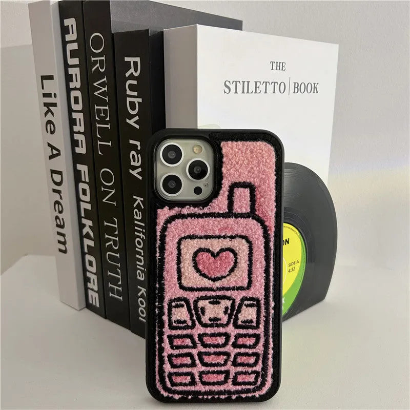 Pink towel-textured embroidered TPU back cover case for iPhone.