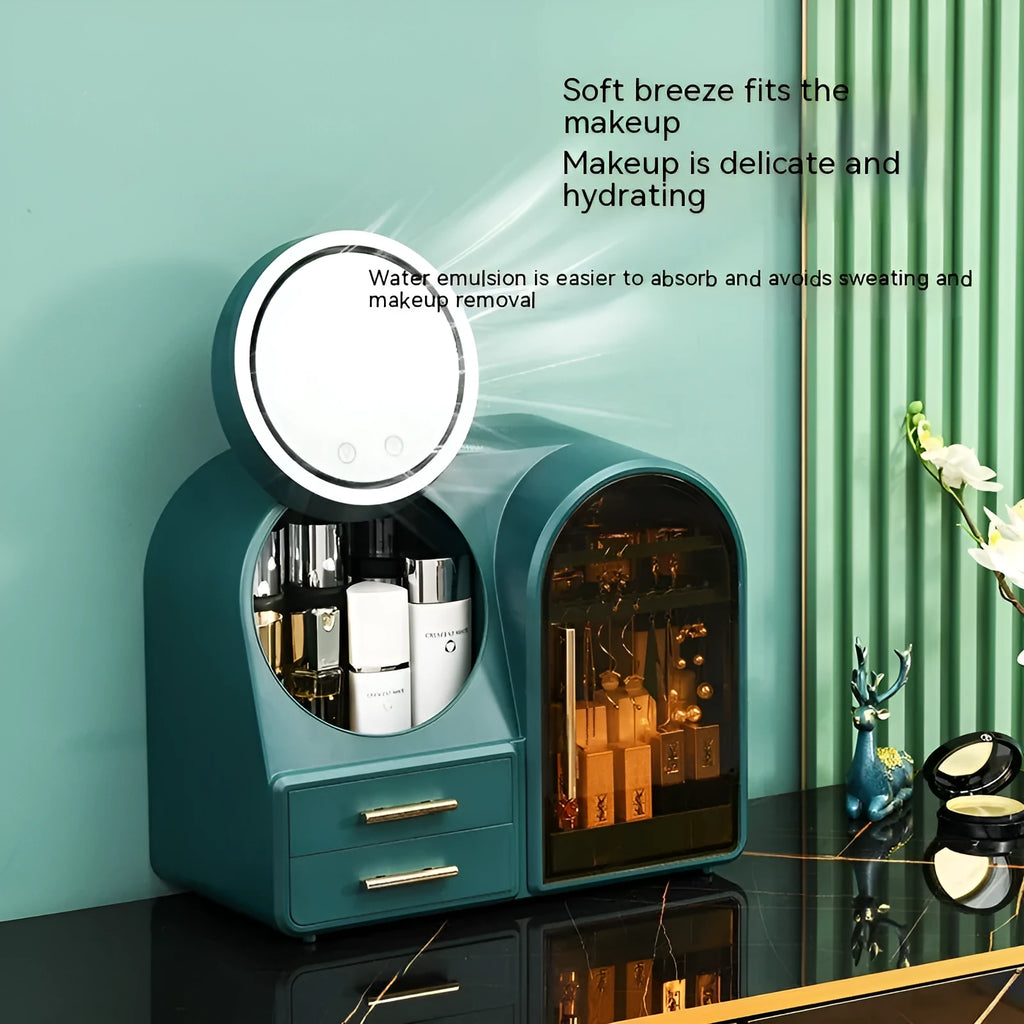 Plastic cosmetics storage rack with LED mirror and fan in milky white colour, 35L capacity for makeup organisation