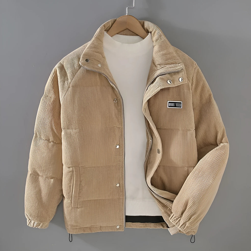 Men's thick corduroy jacket with cotton lining, long sleeves, striped pattern in khaki colour