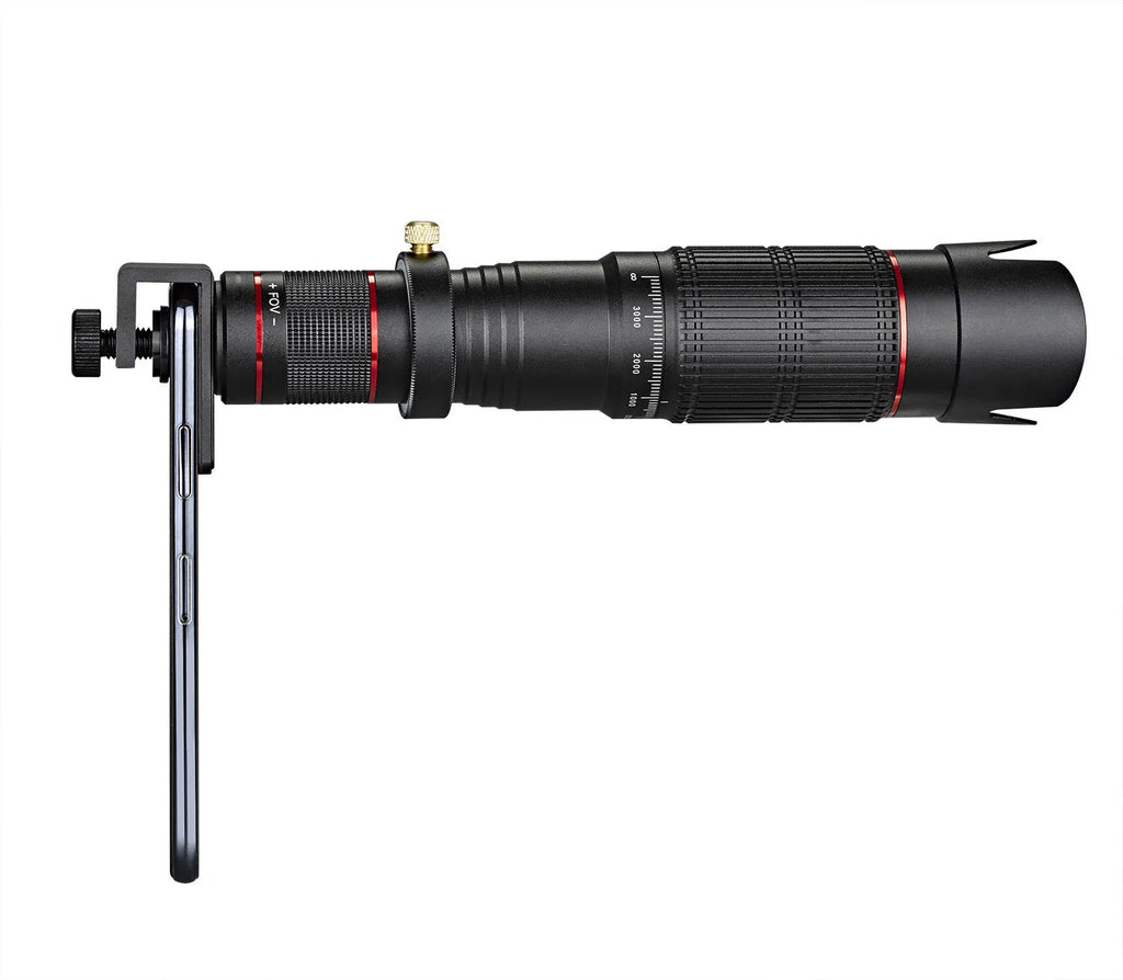 Black 36x telephoto mobile phone telescope with universal clip for smartphone attachment