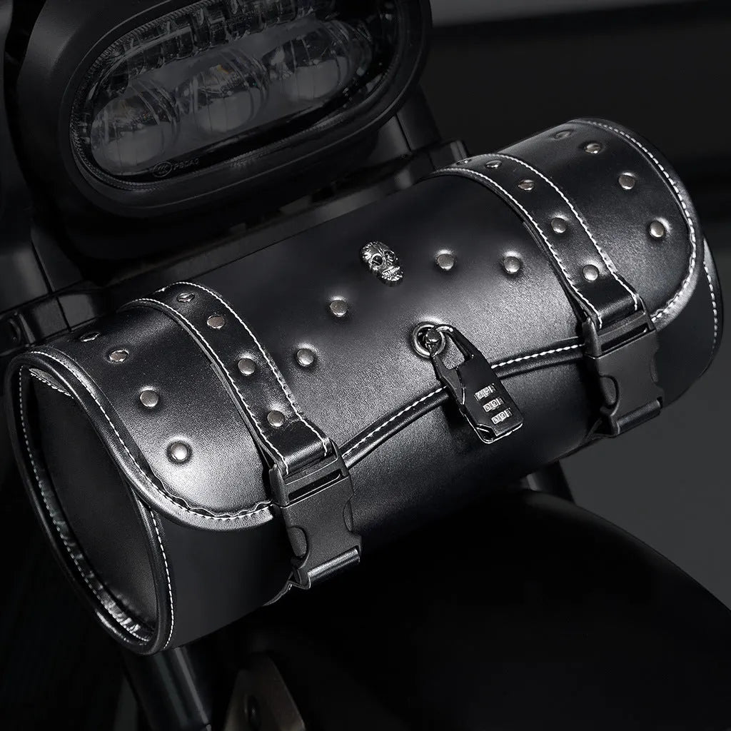 Punk retro style black PU motorcycle pannier bag mounted on a bike.