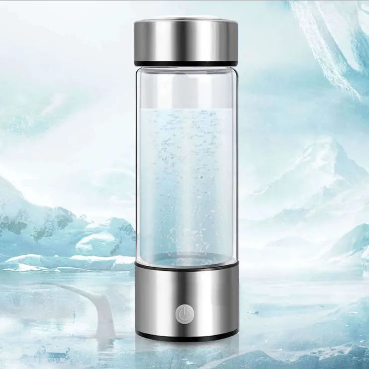 Silver hydrogen water cup with PC body, 420ml capacity, USB charging port, and titanium electrode