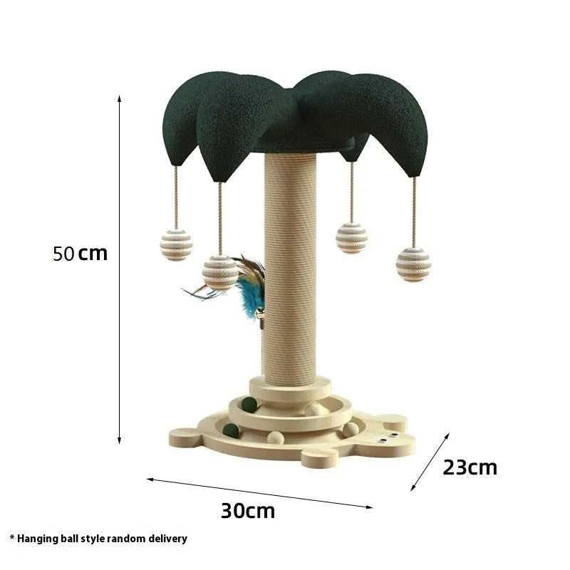 Solid wood cat scratching post with sisal rope and a rotating turntable in a panda design.