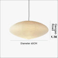 Modern paper pendant lamp with bamboo frame hanging from ceiling, shown in multiple diameter sizes.