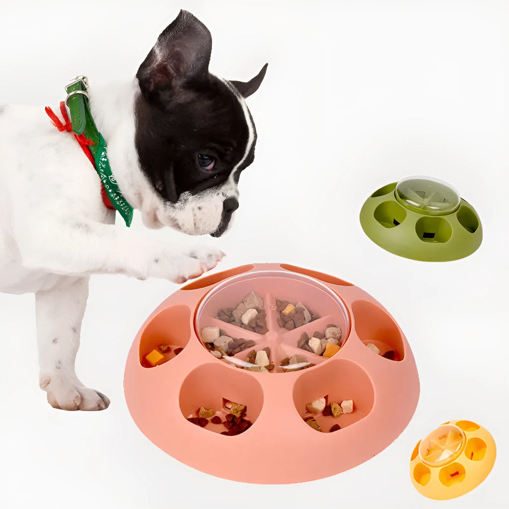 Green pet automatic press leakage device dog food training toy with round shape and textured surface on white background
