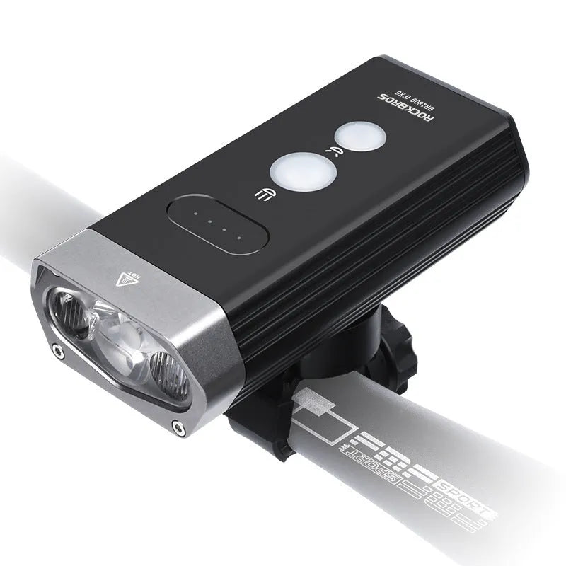 Waterproof bicycle headlight 1600 lumens with power bank, aluminium body, USB rechargeable, handlebar mount