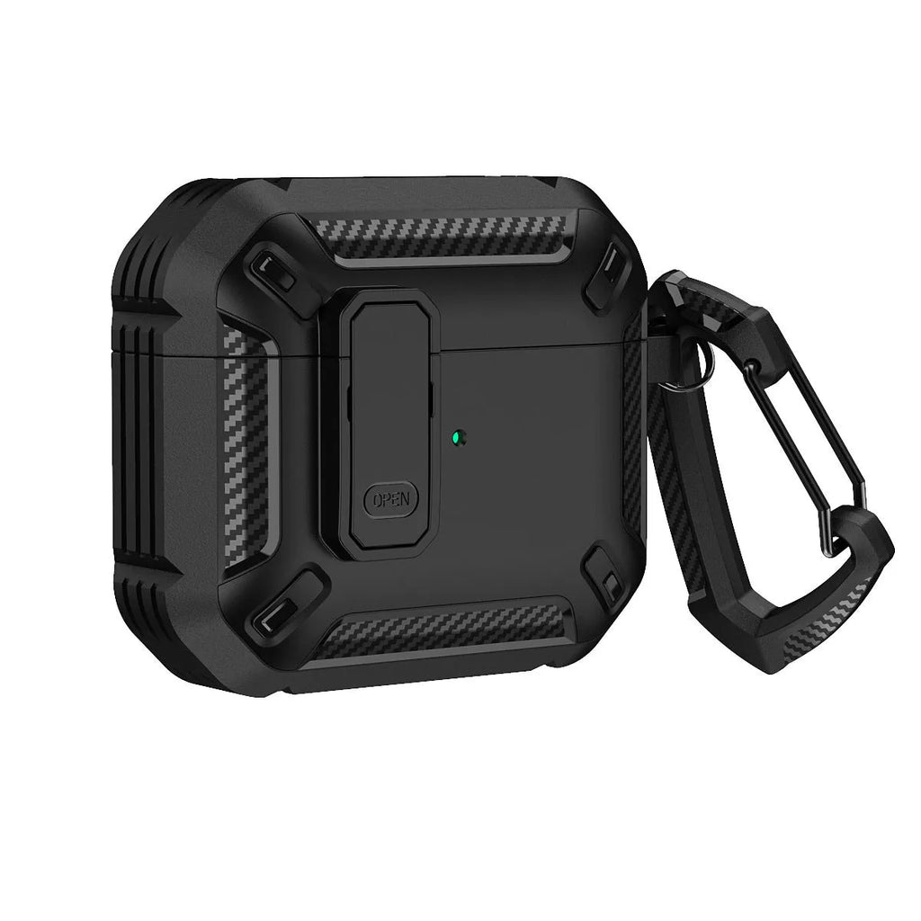 Two-colour plastic clamshell protective case for AirPods with a metal carrying hook attached.