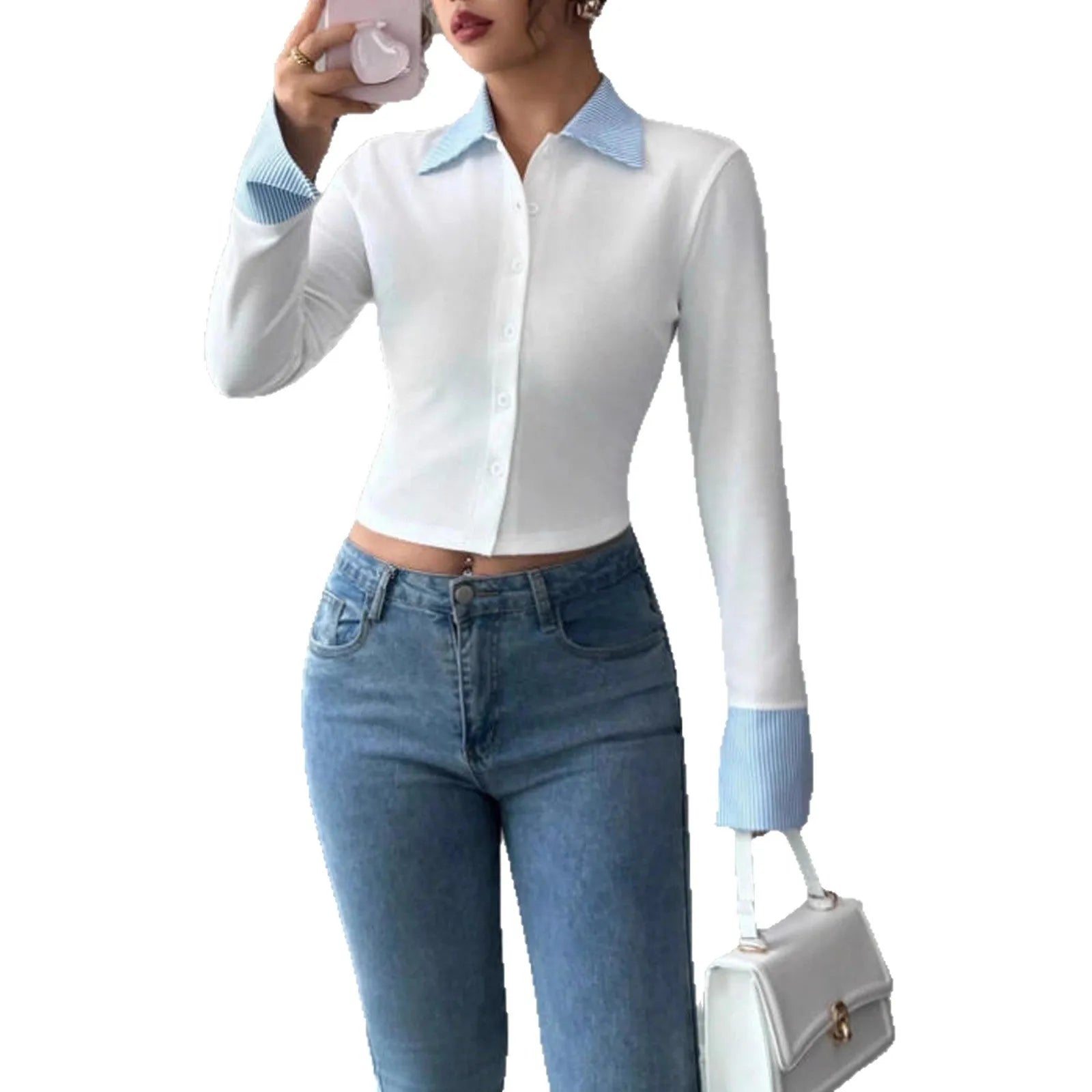 Women's slimming lapel long sleeve fake two-piece shirt in solid white polyester
