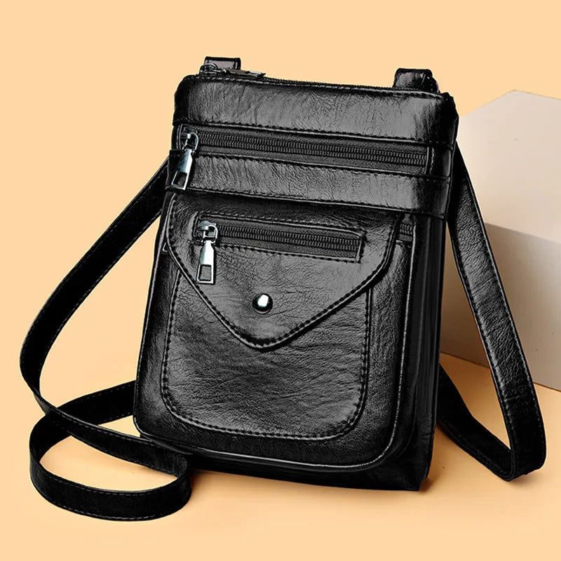 Vertical square crossbody mobile phone bag in PU leather with decorative sewing lines