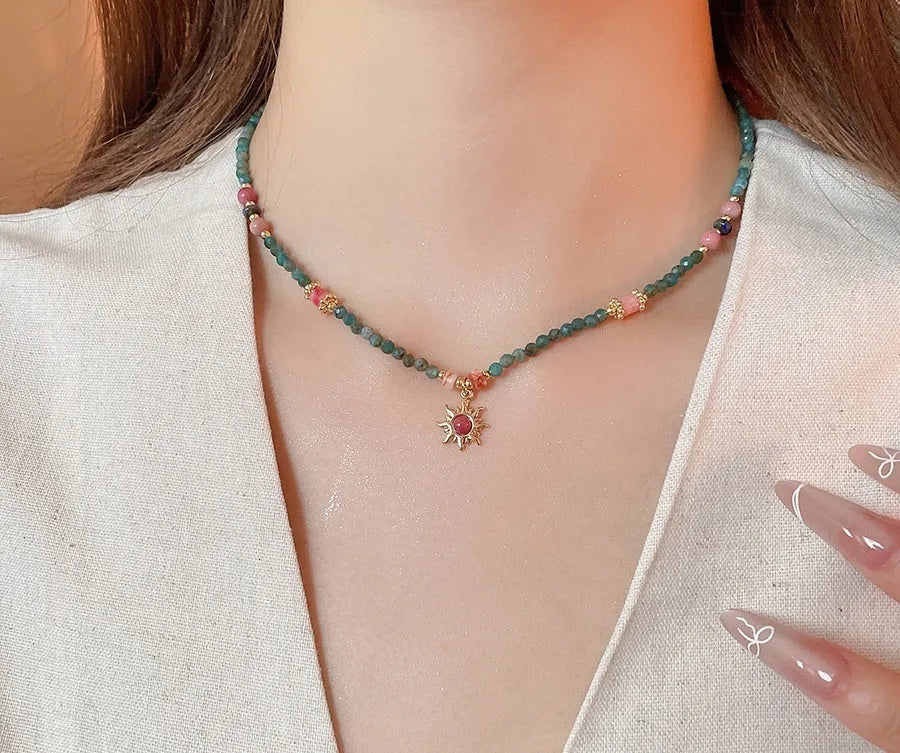 Freshwater pearl sun necklace with geometric pendant in French royal court style, blue and gold-blue-pink electroplated finishes