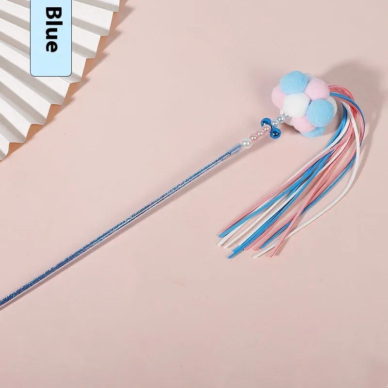 Acrylic cat fairy rod toy with colourful stripes, blue colour option, on white background