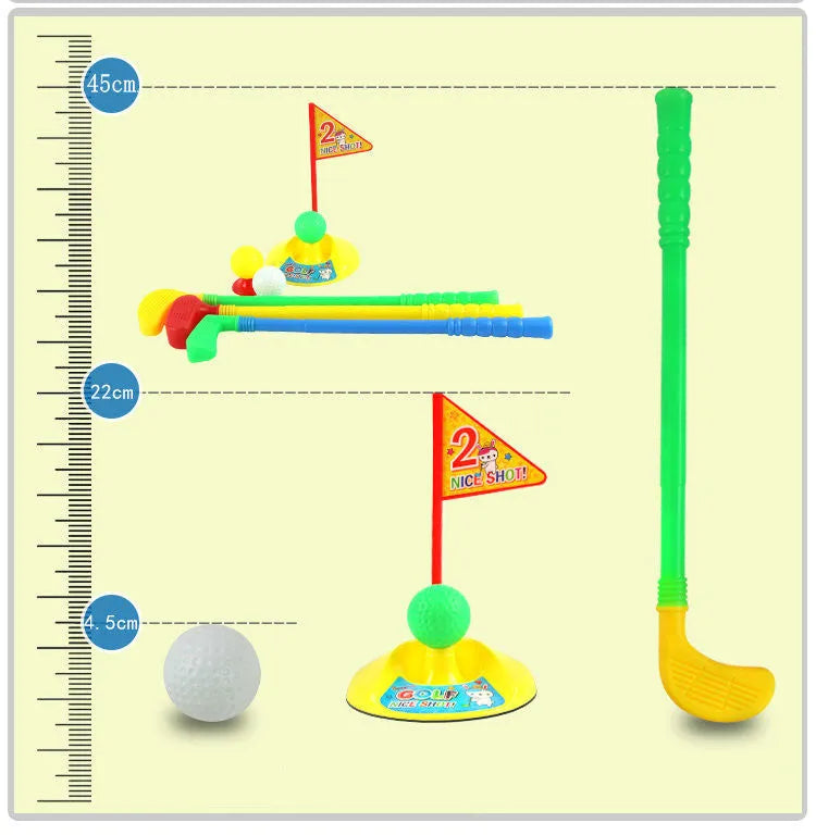 Children's golf set with three multicolour clubs, three balls, a hole, a flag, and two tees on a green background
