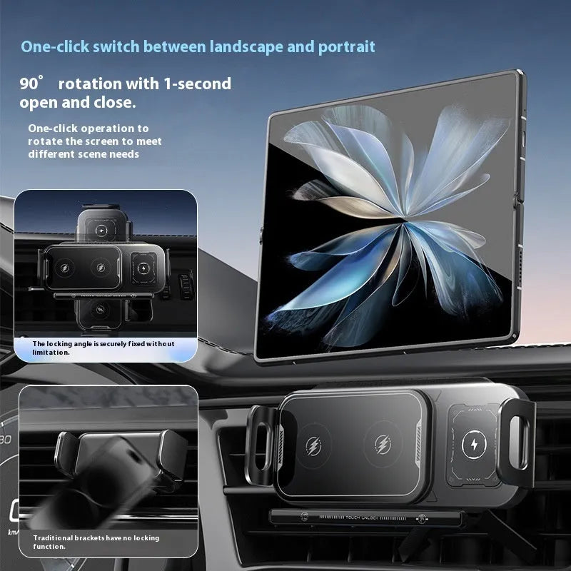 Foldable wireless car charger in Xingyao Black with Z1 base and phone mounted showing 15W fast charging