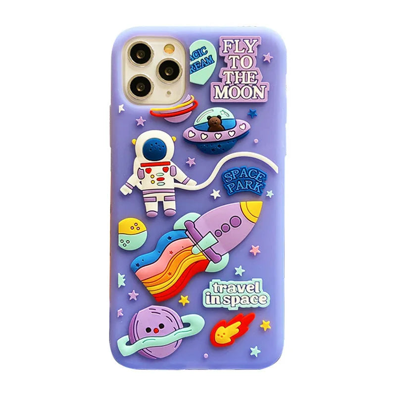 Purple silicone iPhone case with a detailed cartoon astronaut design on the back.