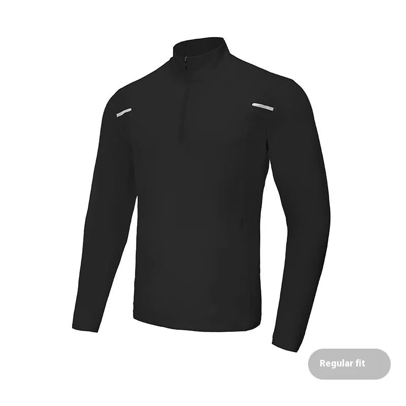 Men's half zipper windproof quick-dry polyester training top in black, long sleeve, spring autumn fitness wear