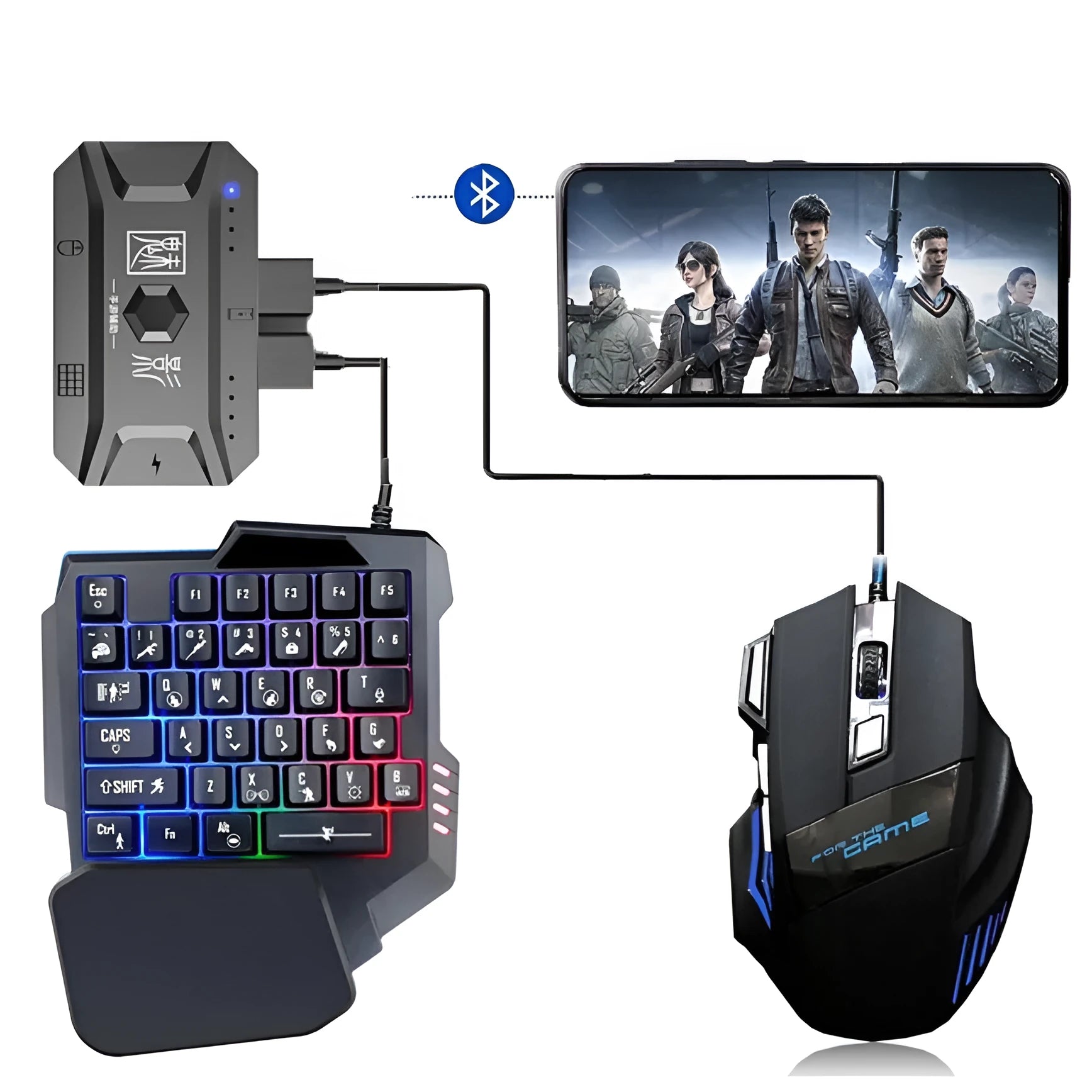 Grey mobile gaming keyboard mouse converter set with ABS throne for Android and Apple devices