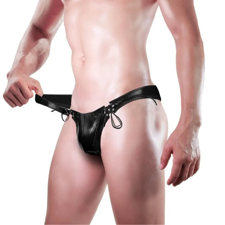 Men's black imitation leather string briefs laid flat showing stretch waist and sleek finish