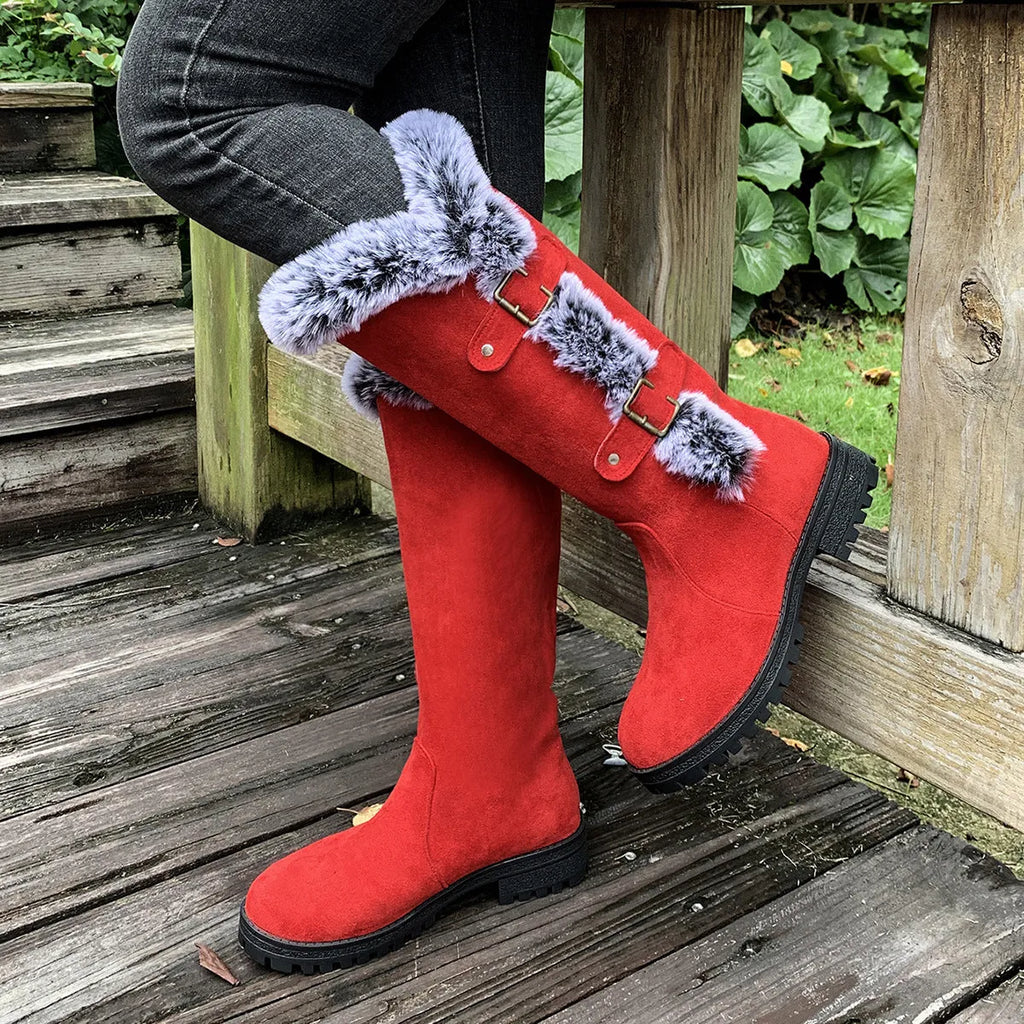Women's thick velvet snow boots with rabbit fur lining, suede upper, belt buckle, and waterproof platform sole in black