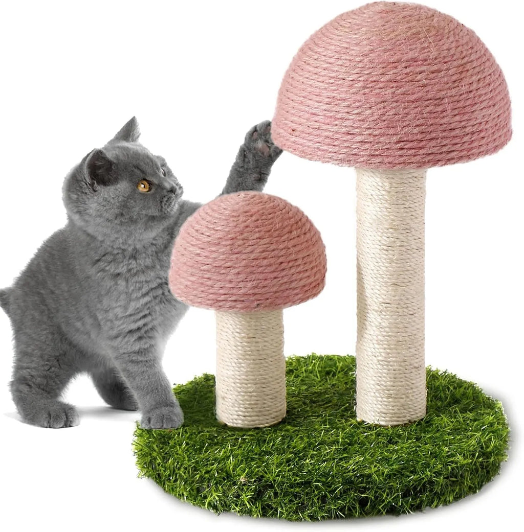 Pink mushroom-shaped cat scratching post with natural sisal rope for kittens and small cats