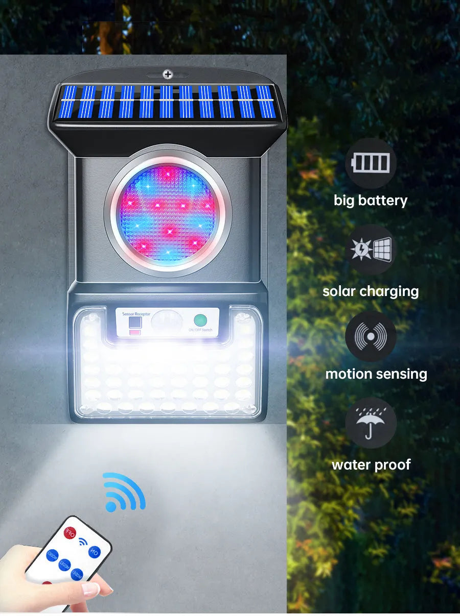Outdoor solar LED wall light with 59 bulbs, motion sensor and remote control mounted on a brick wall