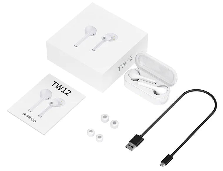 Black and white true wireless Bluetooth 5.0 earphones with USB charging case