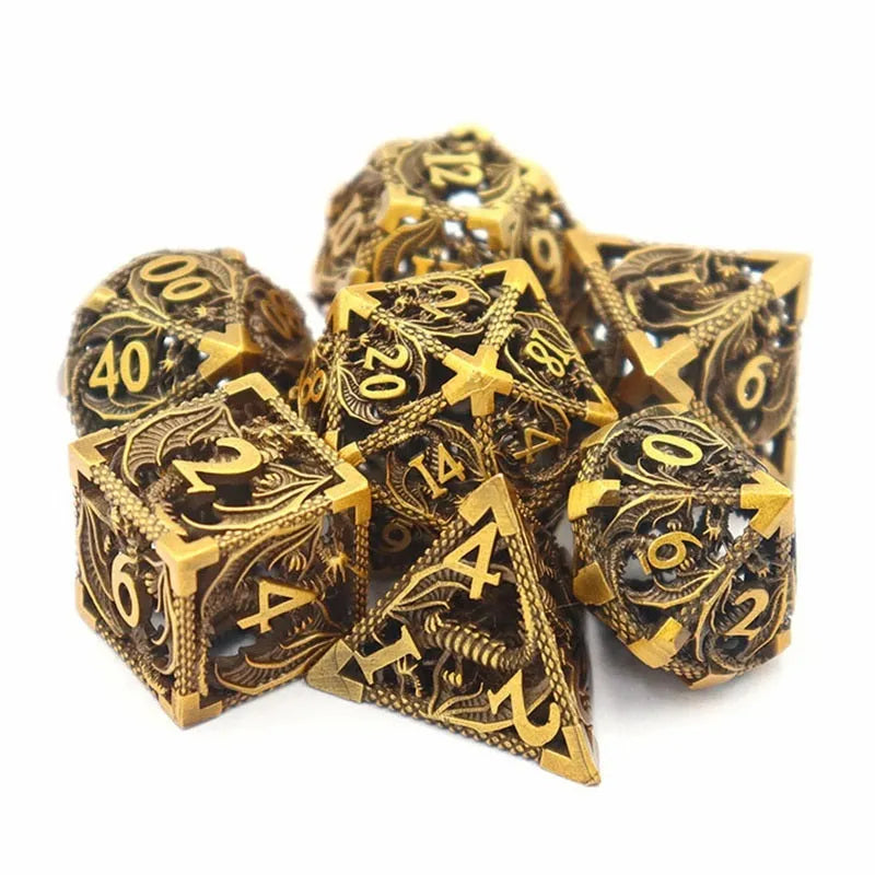 Hollow copper electroplated dice set in ancient bronze, seven polyhedral dice with right-angle edges