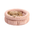Washable round cat bed in beige with super soft plush faux fur and anti-slip bottom