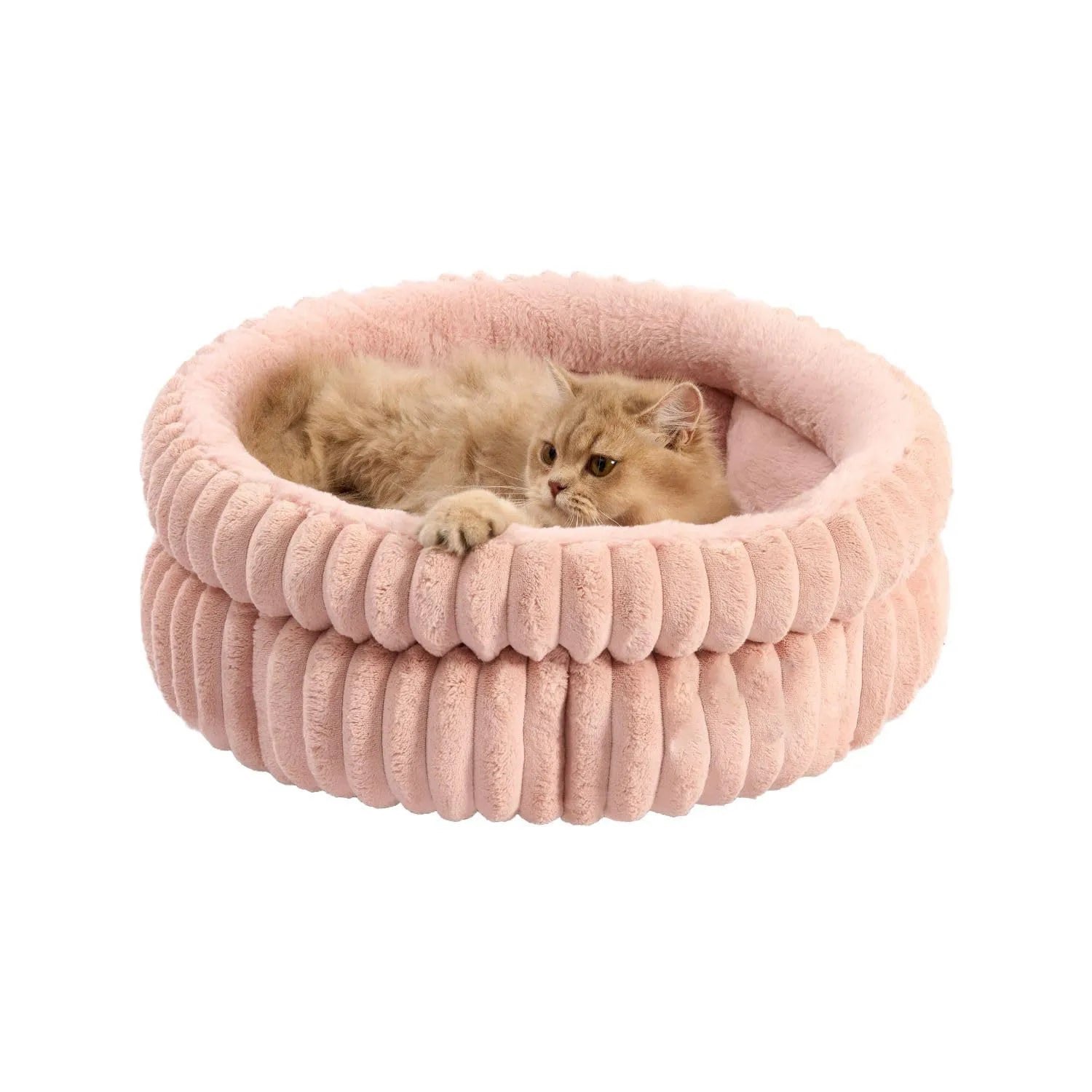 Washable round cat bed in beige with super soft plush faux fur and anti-slip bottom
