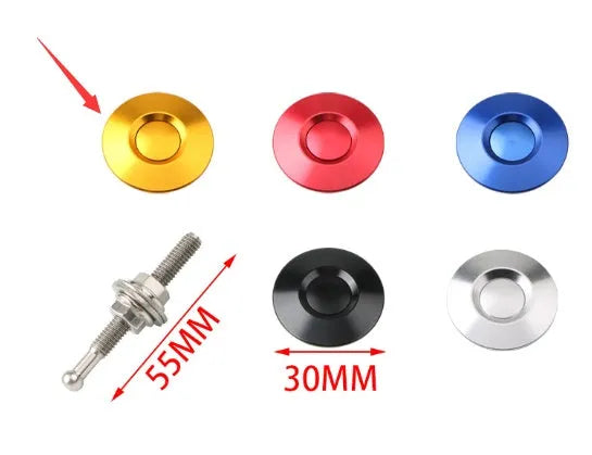 30mm diameter aluminium alloy engine cover lock in silver, black, gold, blue, and red colours next to a 55mm screw.