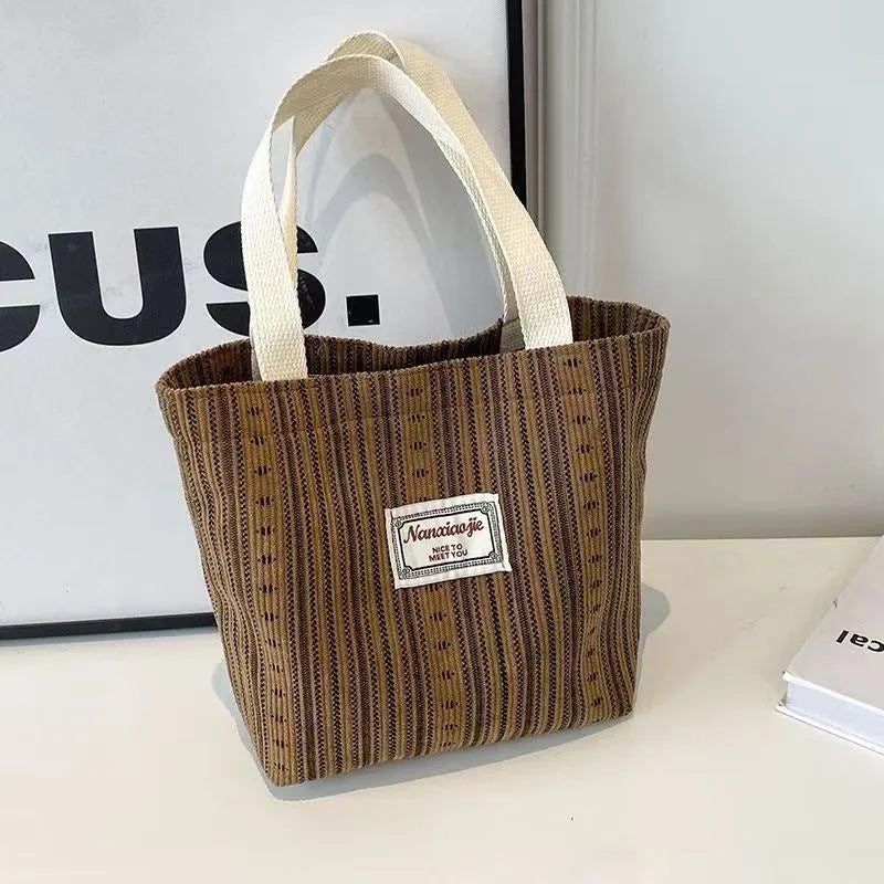 Japanese style large capacity corduroy shoulder tote bag in dark brown colour.