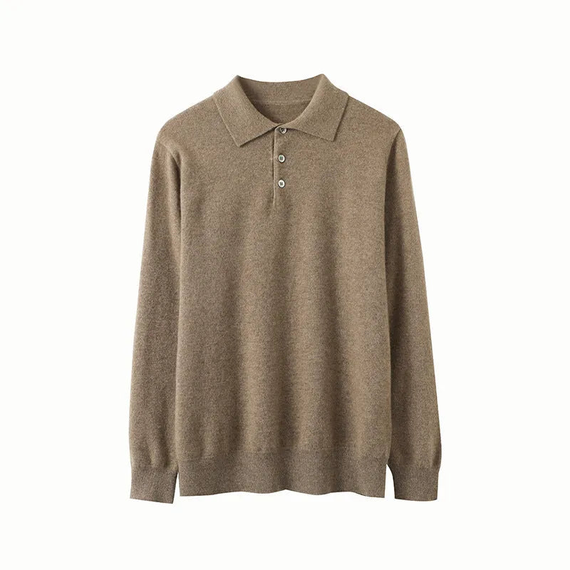 Men's cashmere pullover sweater with polo collar in loose fit showing colour options
