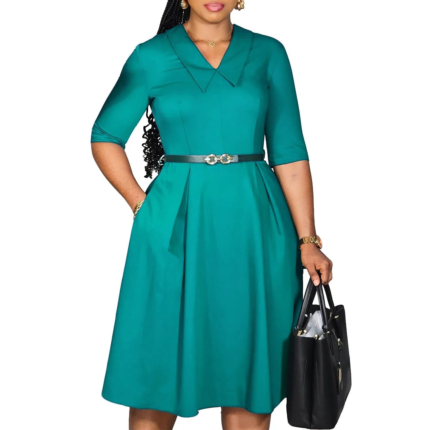 Women's solid colour African dress with high waist and matching belt in polyester fabric.