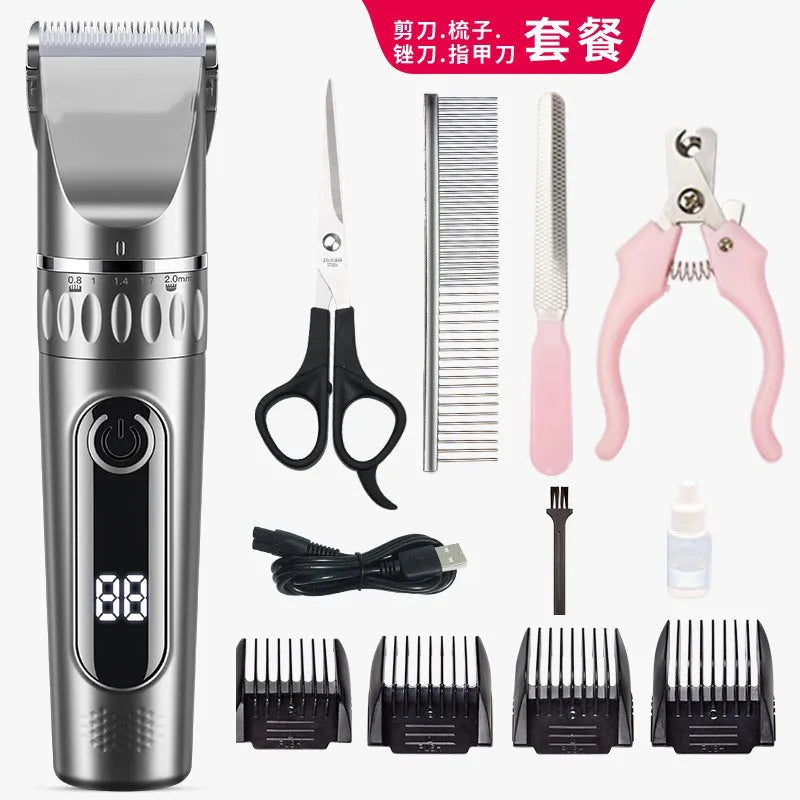 Multifunctional pet hair clipper suit in gun grey silver with two-speed brushed motor and cleaning brush