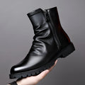 Men's black high-top leather Martin boots with side zipper, two-layer cowhide upper, and artificial wool lining.