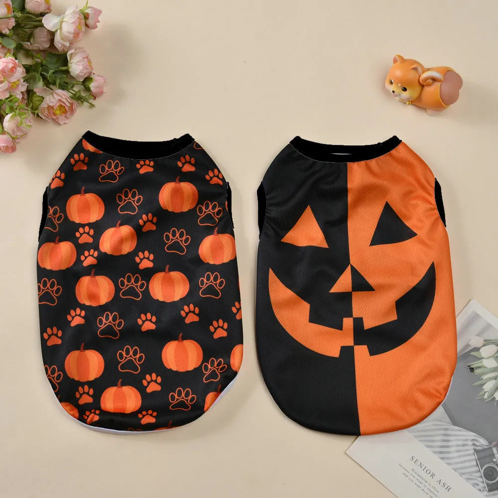 Polyester Halloween pet costume showing pumpkin and ghost prints on a dog or cat in size M