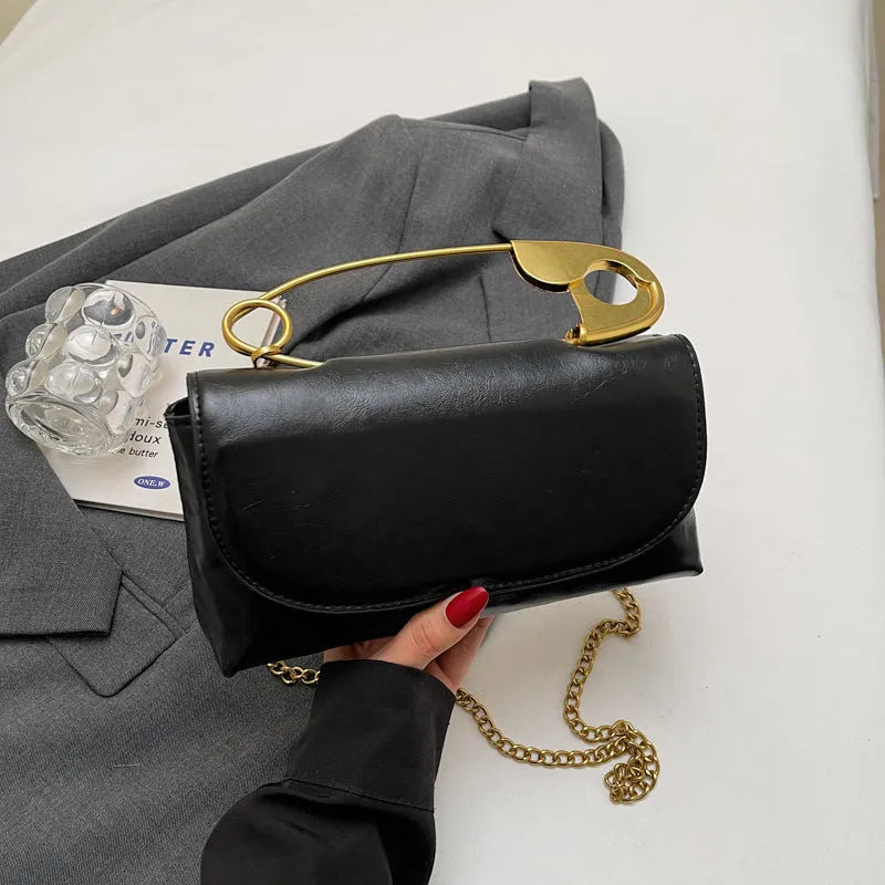 Horizontal square PU leather shoulder handbag with sandwich pocket and street trend sewing thread detailing